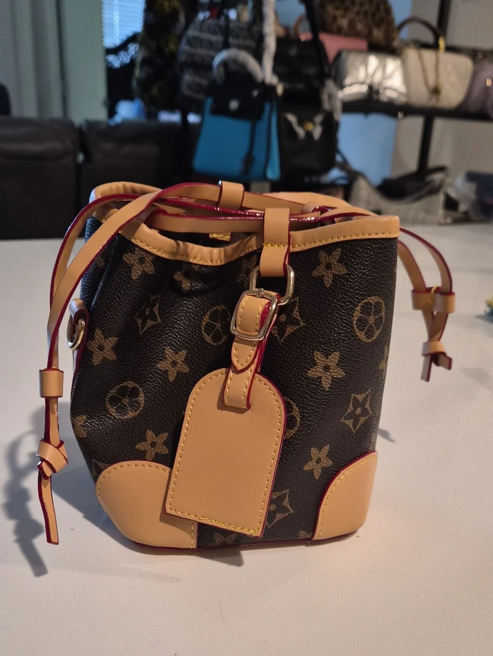 New Faux Leather Monogram Drawstring Bucket Bag - Brown/Tan
